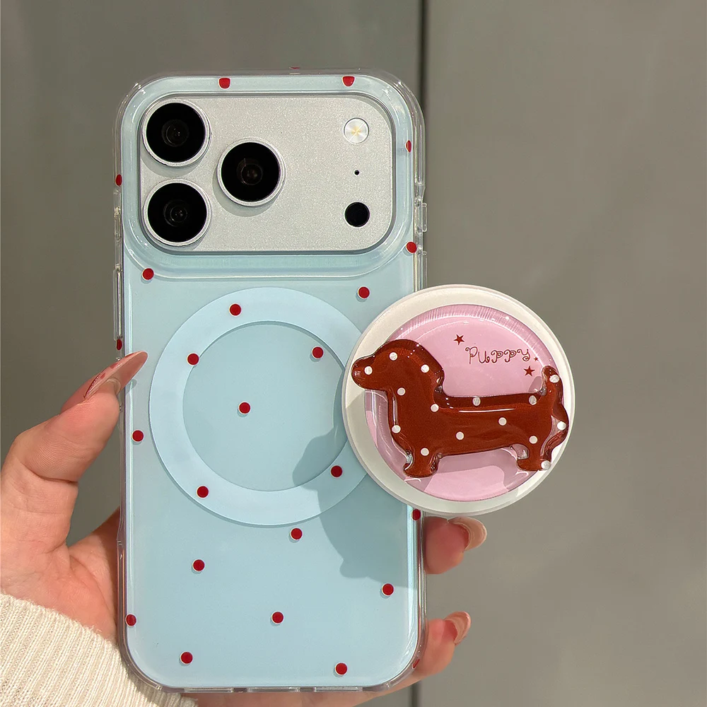 Red Polka Dot 3D Sausage Puppy Magnetic Stand Holder Case For iPhone 18 Pro Max 17 16 15 Protective IMD Phone Cover With Magsafe