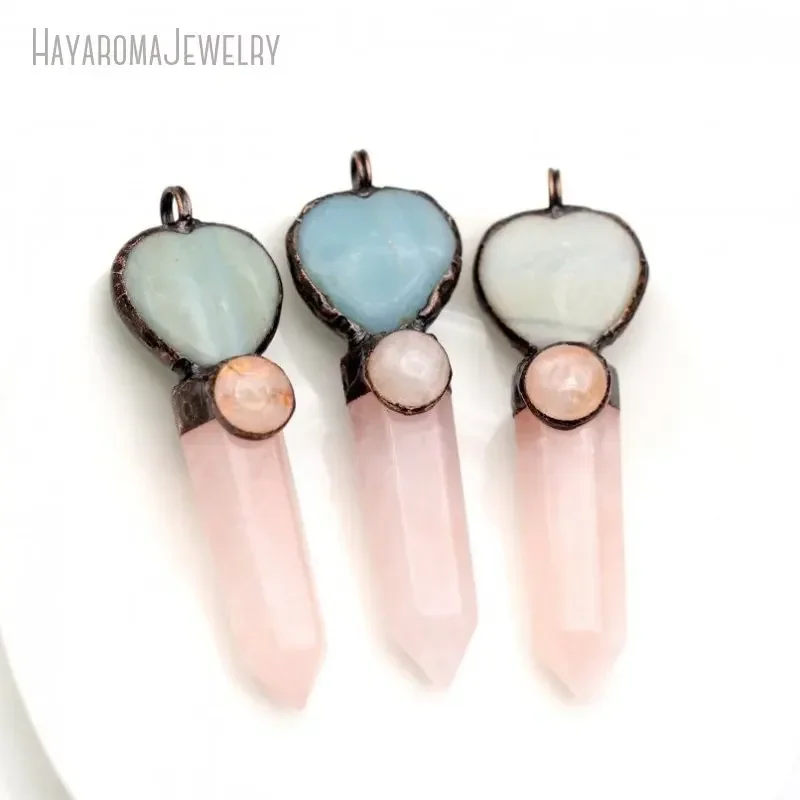 Love Amazonite Rose Quartz Heart Stone Necklace Pendulum Pendant Woman Healing Crystal Jewelry Colar Chakra Reiki Charm