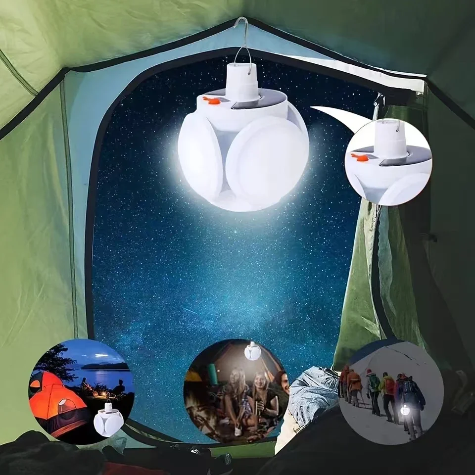 Solar Camping Lantern Collapsible Portable Tent Lamp With Hanging Hook LED Football Bulbs Waterproof For Camping Tent Fishing