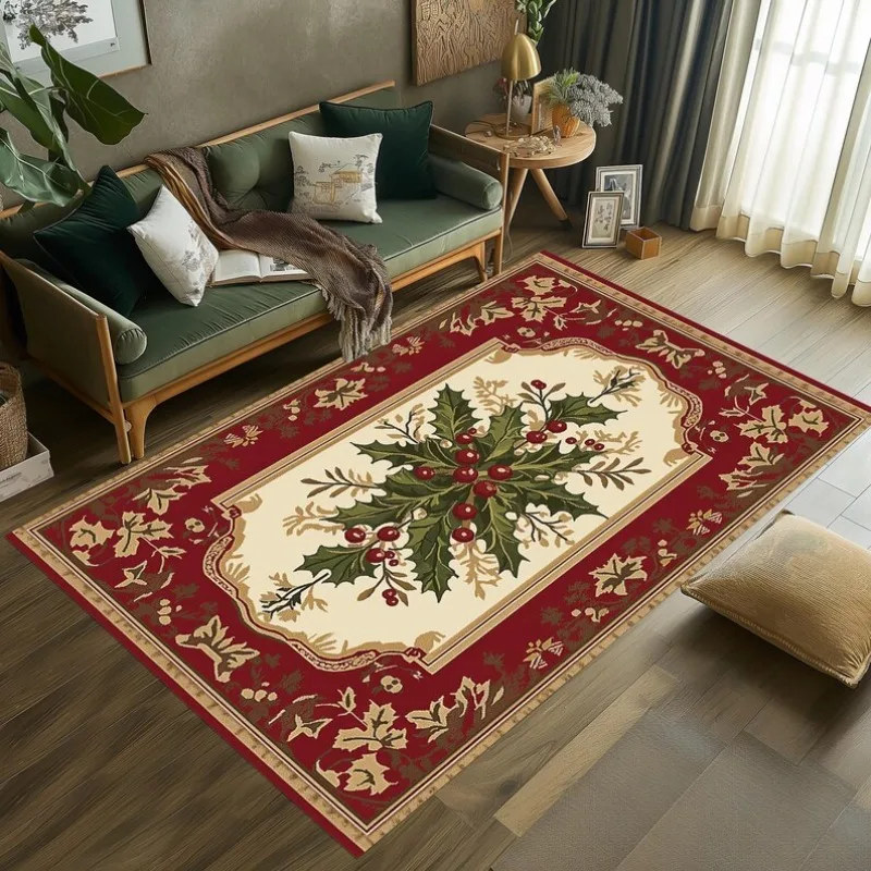 سجادة عيد الميلاد العتيقة مع سانتا مزلقة ورنة حمراء للعطلات سجادة طباعة شجرة عيد الميلاد الاحتفالية لديكور غرفة المعيشة