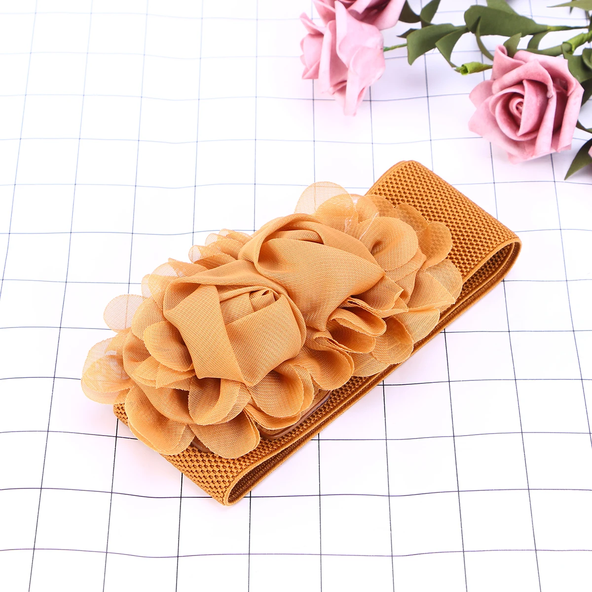 

Elastic Waistband Solid Color Belt Flower Simple Versatile Dress Women for Women's
