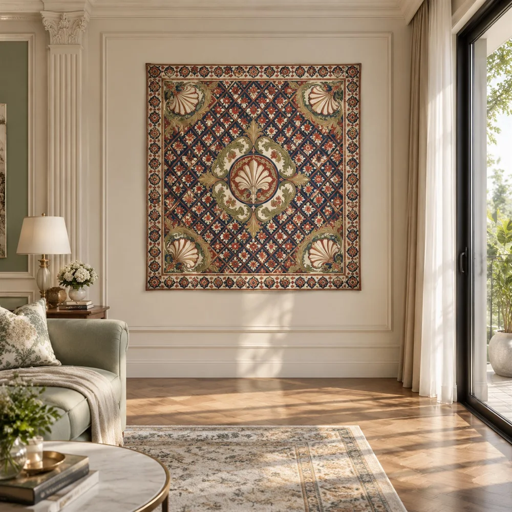 VIKAMA Diamond Trellis Pattern Corner Motif Tapestry Wall Hanging, Neoclassical Wall Decor Tapestries for Bedroom Nursery