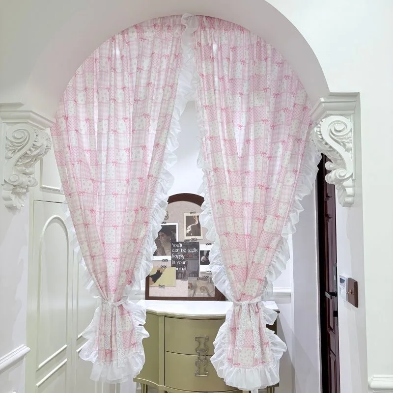 Idyllic Japanese-style Pink Bow Pattern Door Curtains Cloth for Living Room Warp Ruffled Checkered Curtains for Kitchen #A687