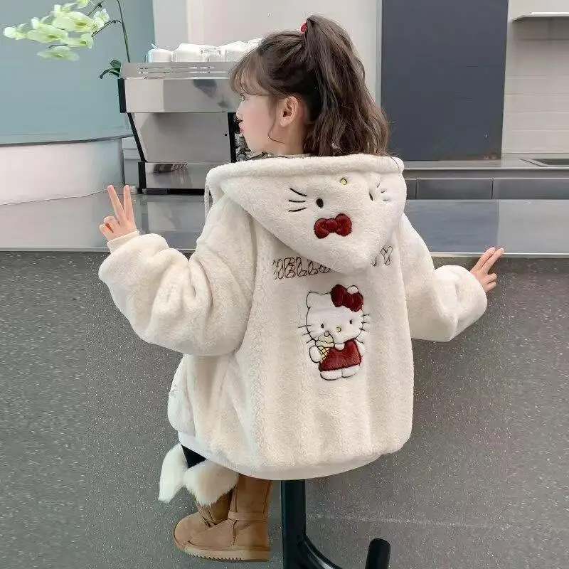 

Флисовое пальто Sanrio Hello Kitty с капюшоном, на подкладке из овечьего меха, утепленное, для маленьких девочек, зимнее, новый стиль, модное, теплое и уютное