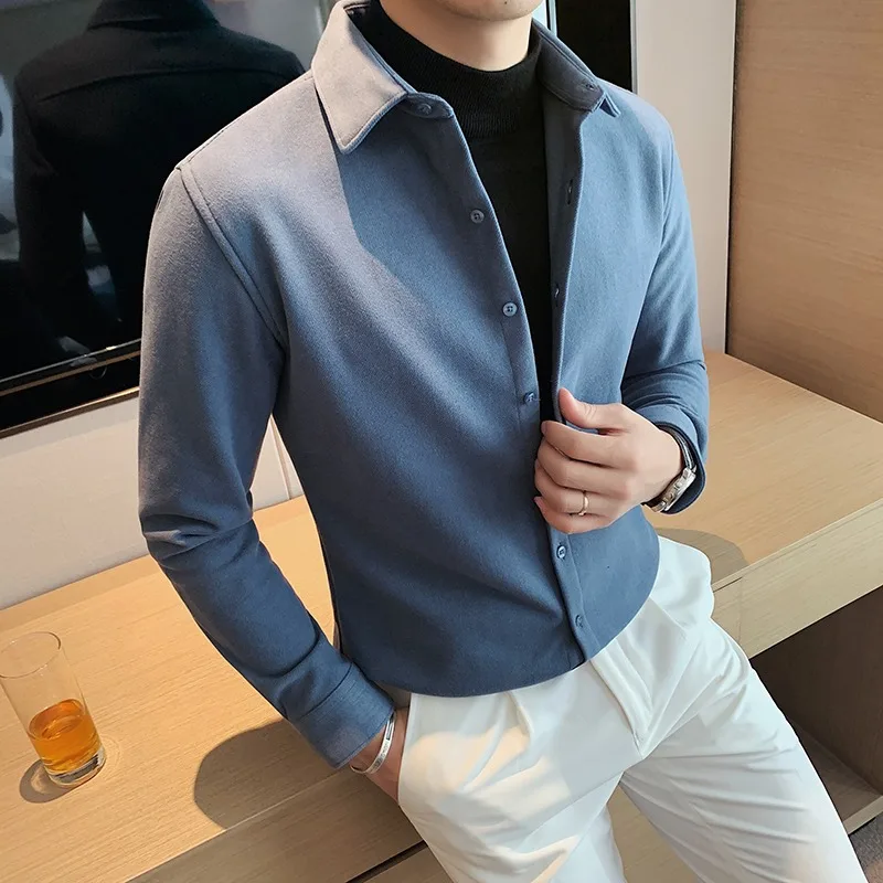 Autumn Winter New Men's Business Casual Sweater Shirt Korean Fashion Solid Long Sleeved Shirt for Men