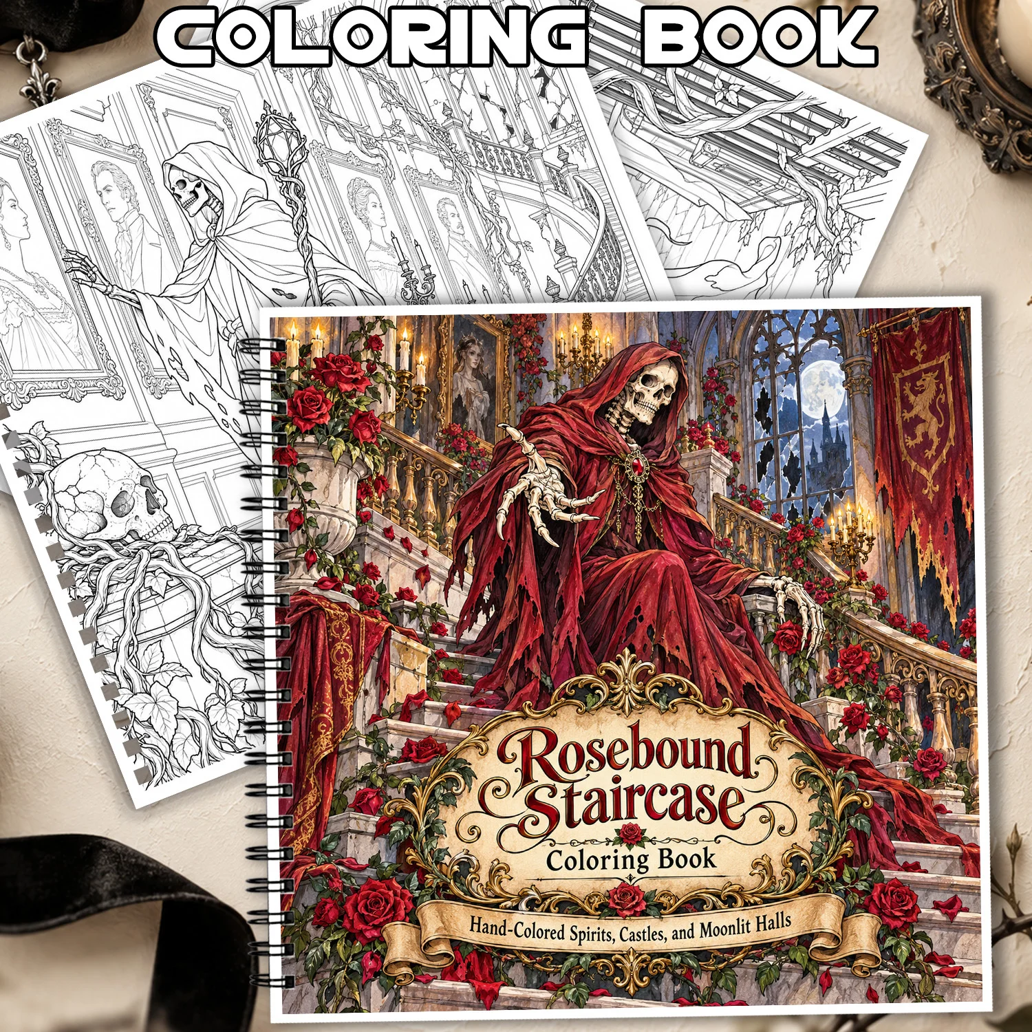 24Pgs Coloring Book Rosebound Staircase Gothic Design for Adult Teens, Showcasing Creativity Relieving Stress Relaxing Body Mind