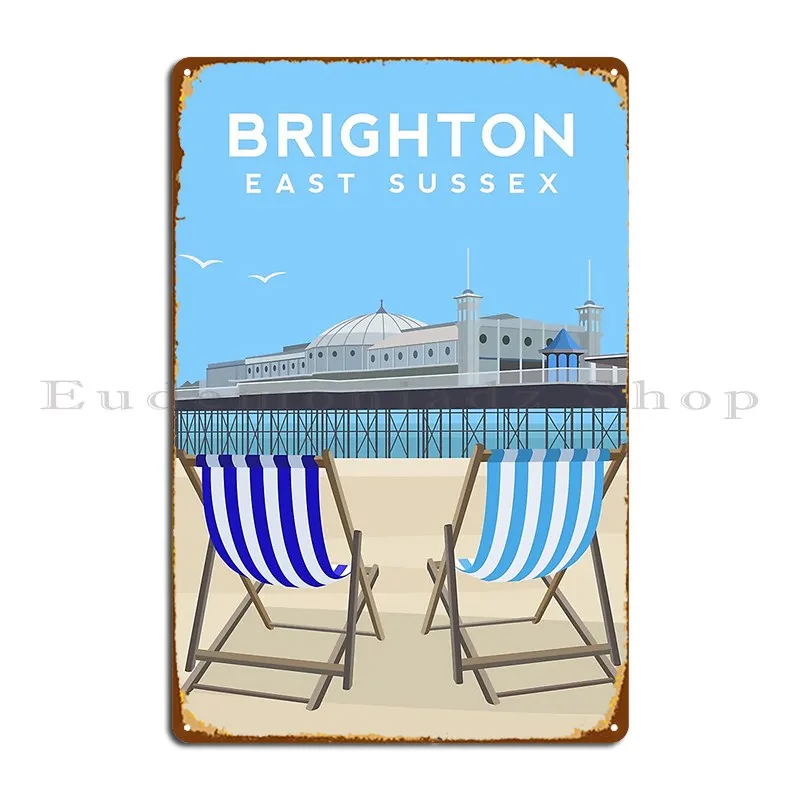 Brighton Pier And Beach East Sussex Metal Plaque Designing Iron Club Decoration Wall Cave Tin Sign Poster