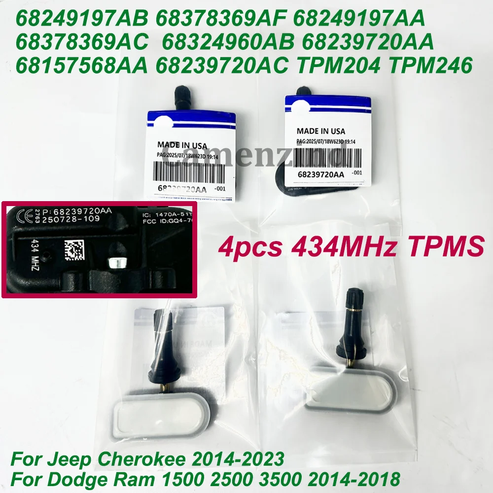 

4Pcs TPMS Tire Sensor 68378369AF 68249197AB 68249197AA 68239720AA For Jeep Cherokee 2014-2023 Dodge Ram 1500 2500 3500 2014-2018