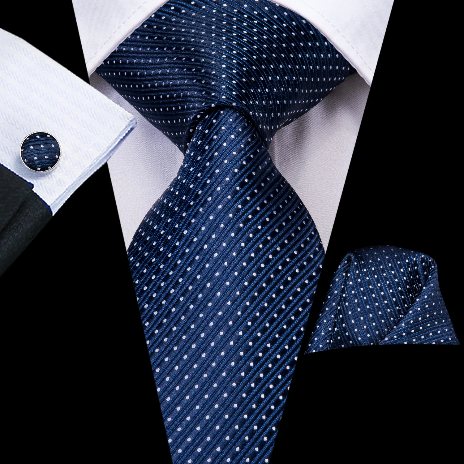 Hi-Tie Designer Mens Necktie Navy Blue Striped Dot Silk Wedding Tie For Men Hanky Cufflinks Tie Set Business Party Dropshipping