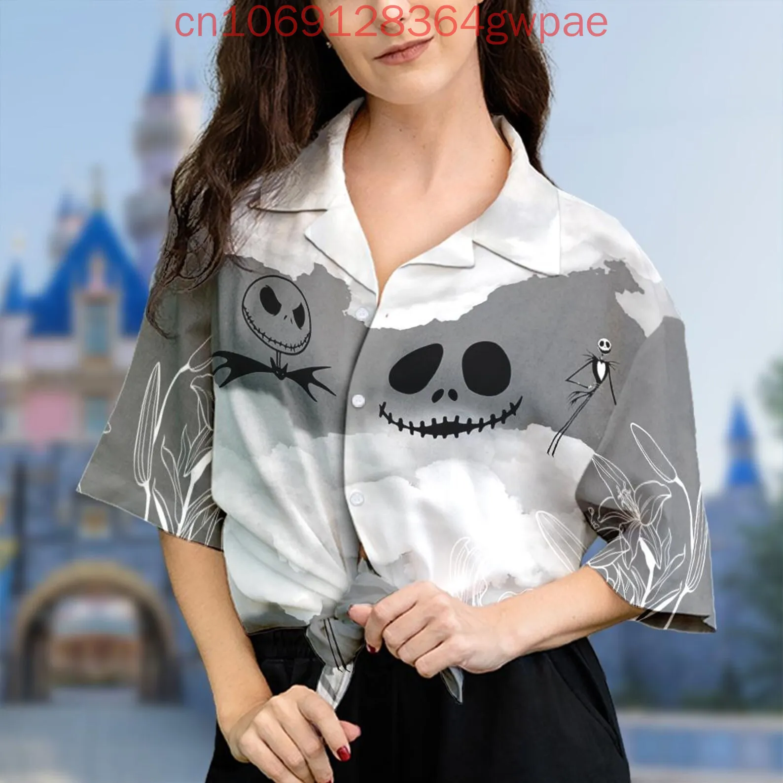 قميص ديزني ذا كابوس قبل جاك سكيلينجتون النسائي هاواي صيفي كاجوال أنيق بأكمام قصيرة للشاطئ