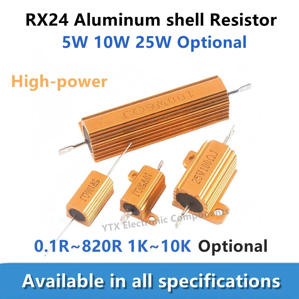 2pcs RX24 5W 10W 25W Gold aluminum shell Resistor 0.1R 0.22R 1R 1.5R 2R 10 12 15 47 75R 100 120R 200R 470 680R ohm 1K 10K power