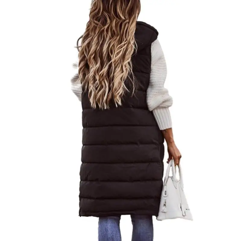 652F Women's Long Quilted Vest Hooded Cotton Sleeveless Jackets Puffer Vest Padded Coat Winter Warm Outerwear Gift