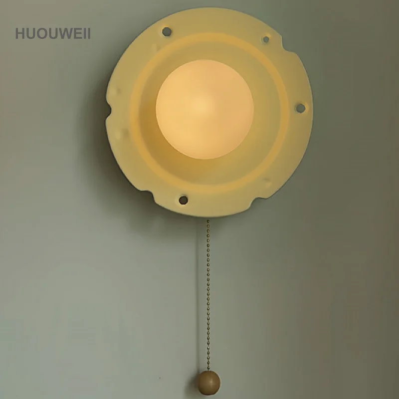 

French Cream Style Ceramic Wall Lamp Children's Room Night Light Pull Cord Switch Bedroom Bedside Decoration Atmosphere Lamp