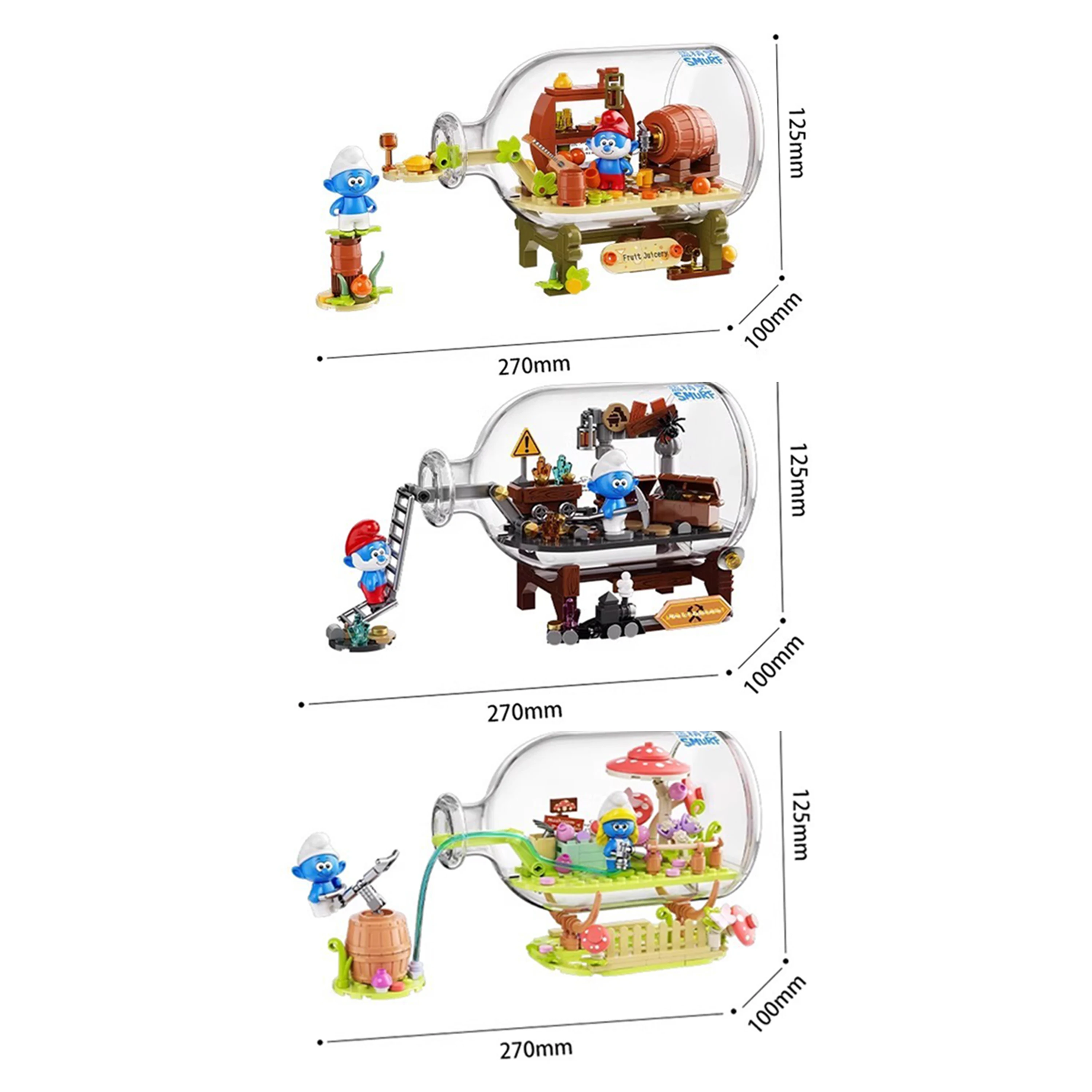 ชุดตัวต่อบล็อกสร้างสรรค์ DIY รูปแบบสร้างโมเดลของเล่นเด็กเพื่อการศึกษา ชุดข้อความจากสมูร์ฟในขวดพร้อมบ้านน้ำผลไม้ในป่า