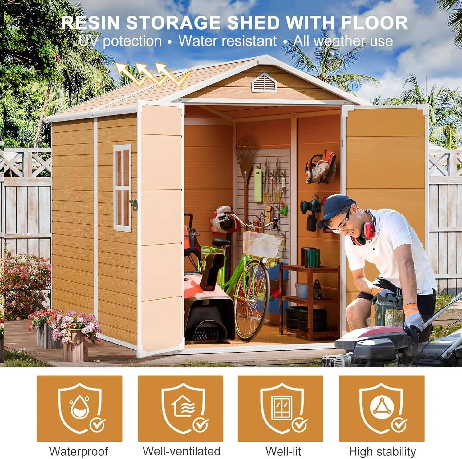 Outdoor Resin Storage Shed with Floor Inlcuded 8x6 FT Large Waterproof Outside Sheds Kit with Window Lockable 2 Doors