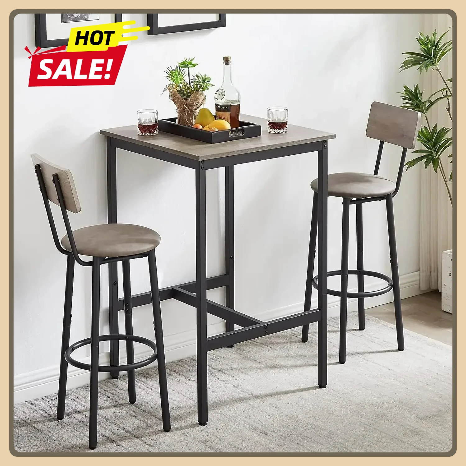 Juego de mesa y sillas de bar para espacios pequeños, juego de barra de 3 piezas con mesa cuadrada 2 con reposapiés para el hogar, cocina, comedor (gris)