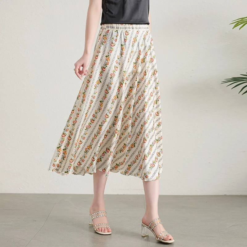 Sommer Seide Blumendruck Midirock Hohe Taille A-Linie Maxikleid Fee T Sensenwirtschaft Seide f-länge Ci Outdoor Sle