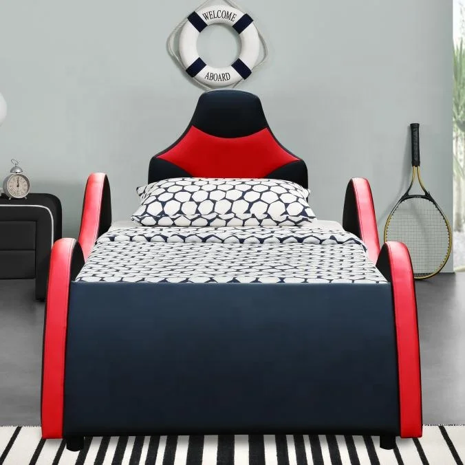 Excellent S-shape Super Racing Car Style PU Leather Upholstery Kid Bed with Black&Red Match Color for Factory Price