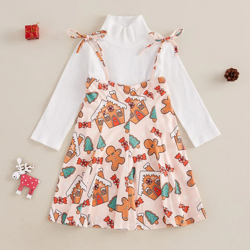 

2 to 8 Years Christmas Kids Girls Dress Sets Spring Autumn Clothes Long Sleeve T-shirt with Gingerbread Man Slip Dress