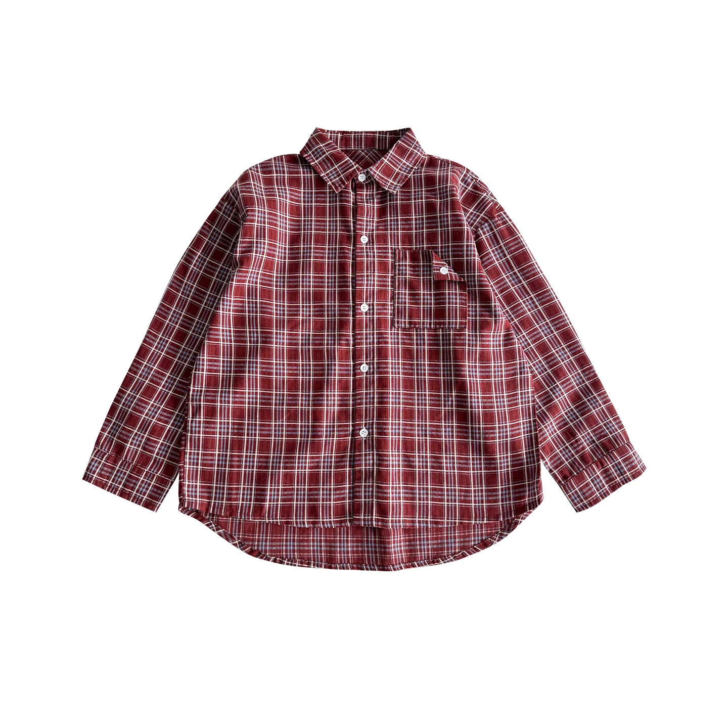 Korean Plaid Cotton Long-Sleeved Shirt for Children Casual Autumn Cardigan Preppy Style Boy Girl Tops in Green Red Colors 2-13 Y