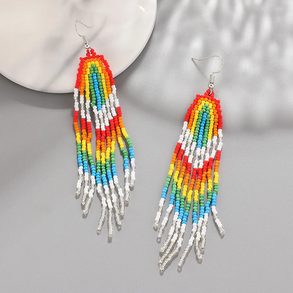 Bohemia Jewelry Accessories Vintage Colorful Handmade Seed Beads Tassel Weave Boho Rainbow Beaded Long Hanging Earrings Women