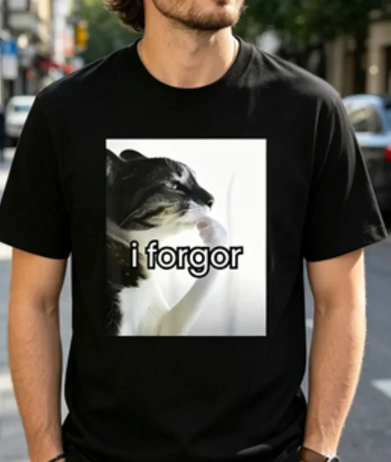 A Loose Short-sleeve Top with Funny Text A Funny Cat I Forgot Meme T-shirt Black T-shirt Featuring A Forgetful Tabby Cat Pattern