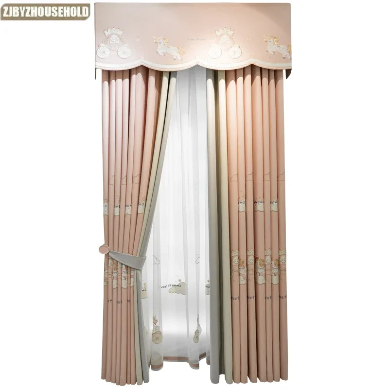 

High-end Children's Room Cartoon Carriage Embroidery Warm Cute Pink Girl Bedroom Princess Style Cotton Linen Blackout Curtains