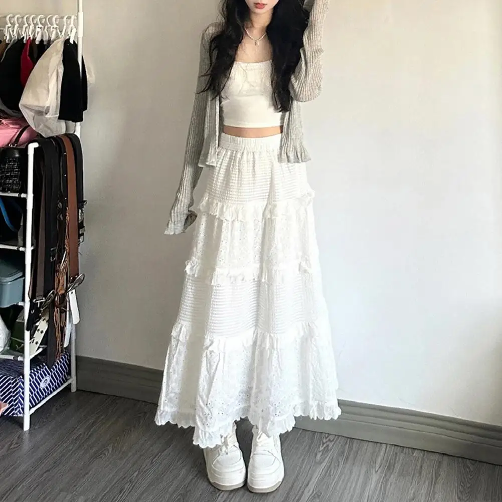 Women Maxi Skirt Elastic High Waist A-Line Solid Color Hollow Crochet Flower Pattern Ruffle Stitching Cake Skirt