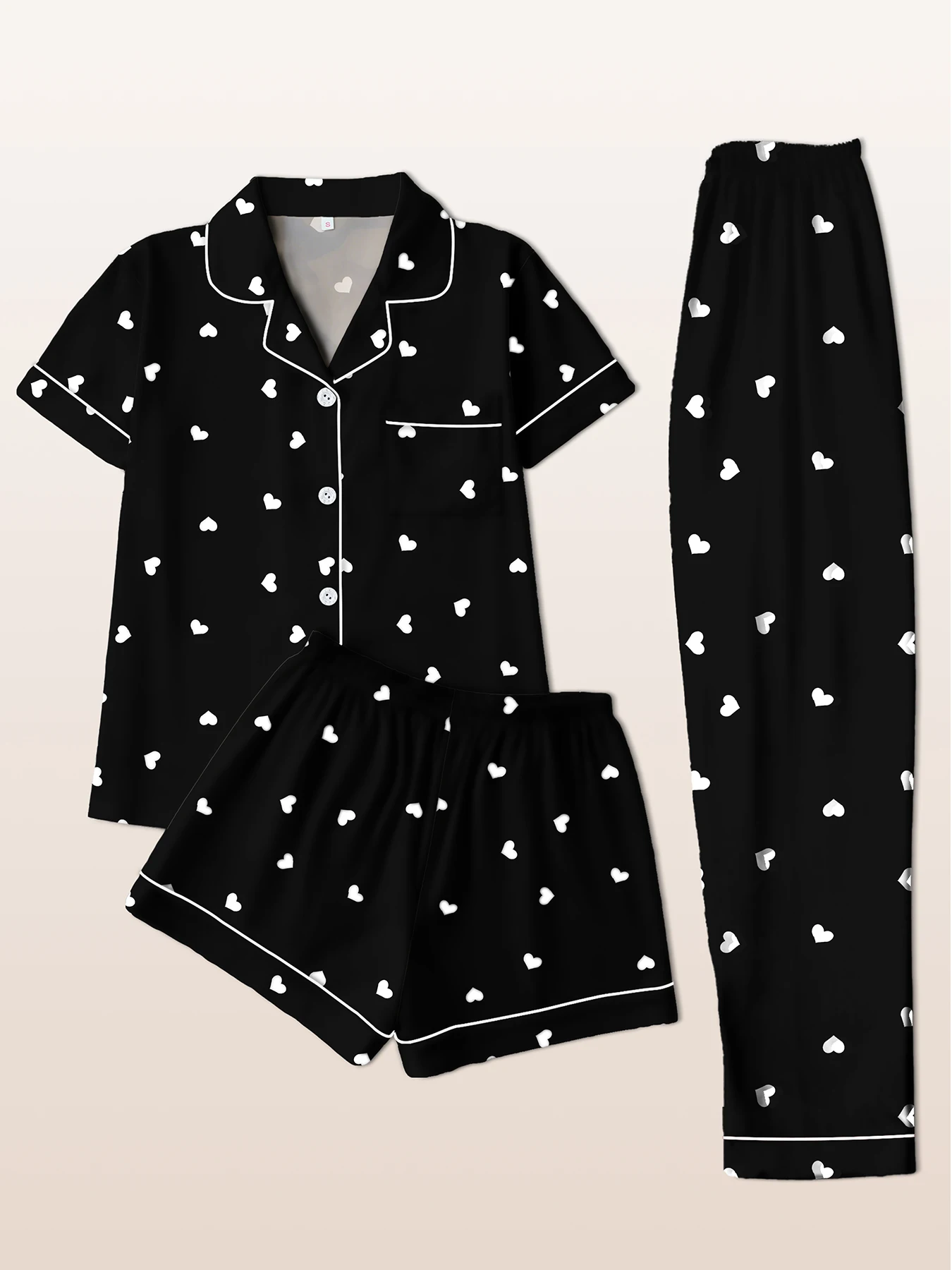 Women Pajamas Notch Lapel Short Sleeve Shorts Pants 3 Piece Set Spring Summer Fall Aesthetic Heart Homewear