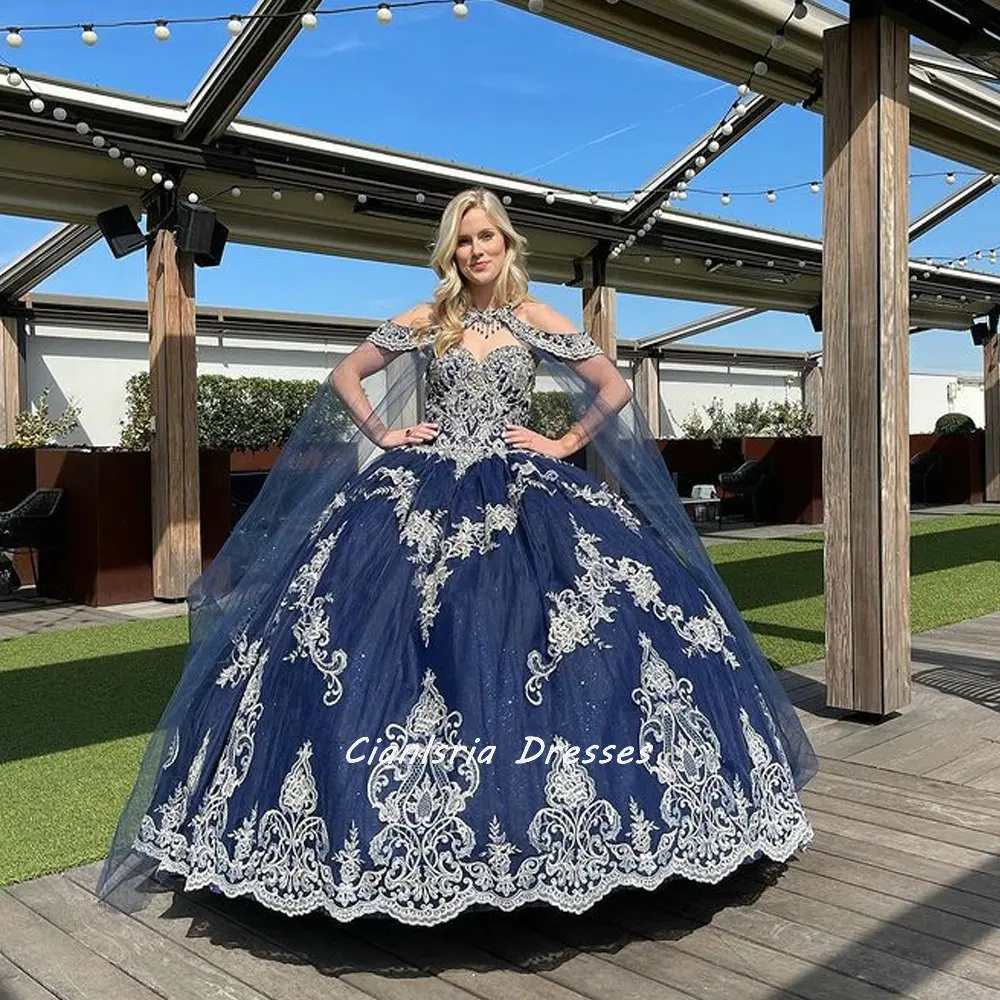 Vestido de quinceañera sin mangas con cuello Halter para niña, vestido de fiesta con apliques de capa, corsé de encaje con espalda abierta, color azul marino, 15