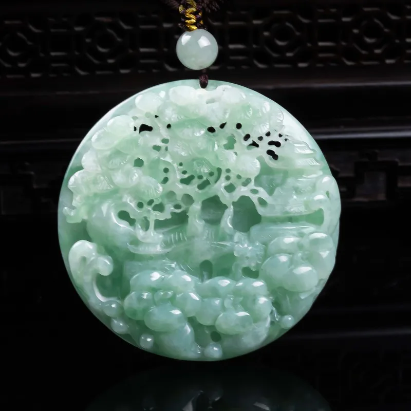 

Natural A-grade jadeite rich luxurious mountain dwelling three-dimensional hollow out thickened exquisite high ice jade pendant