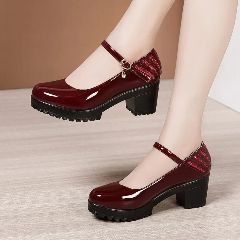 6 8 10cm Small Size 32-43 Shallow Patent Leather Shoes Women Mary Janes 2024 Fall Block Heels Shoes Platform Pumps Office Mom