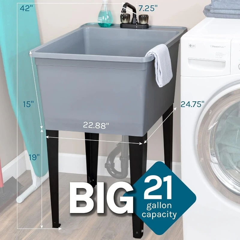 Gallon Grey Freestanding Utility Sink with Black 2-Handle Faucet, Heavy Duty Plastic Laundry Tub with Adjustable Legs