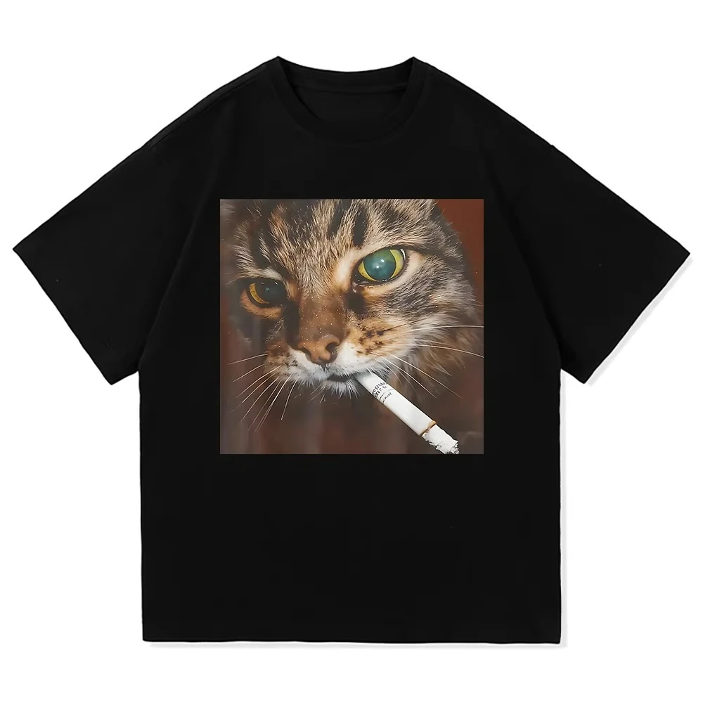 

2025 модная мужская и женская одежда, винтажная одежда Harajuku, одежда высокого качества, хлопковые футболки, забавная футболка с курительной сигаретой и котом-мемом