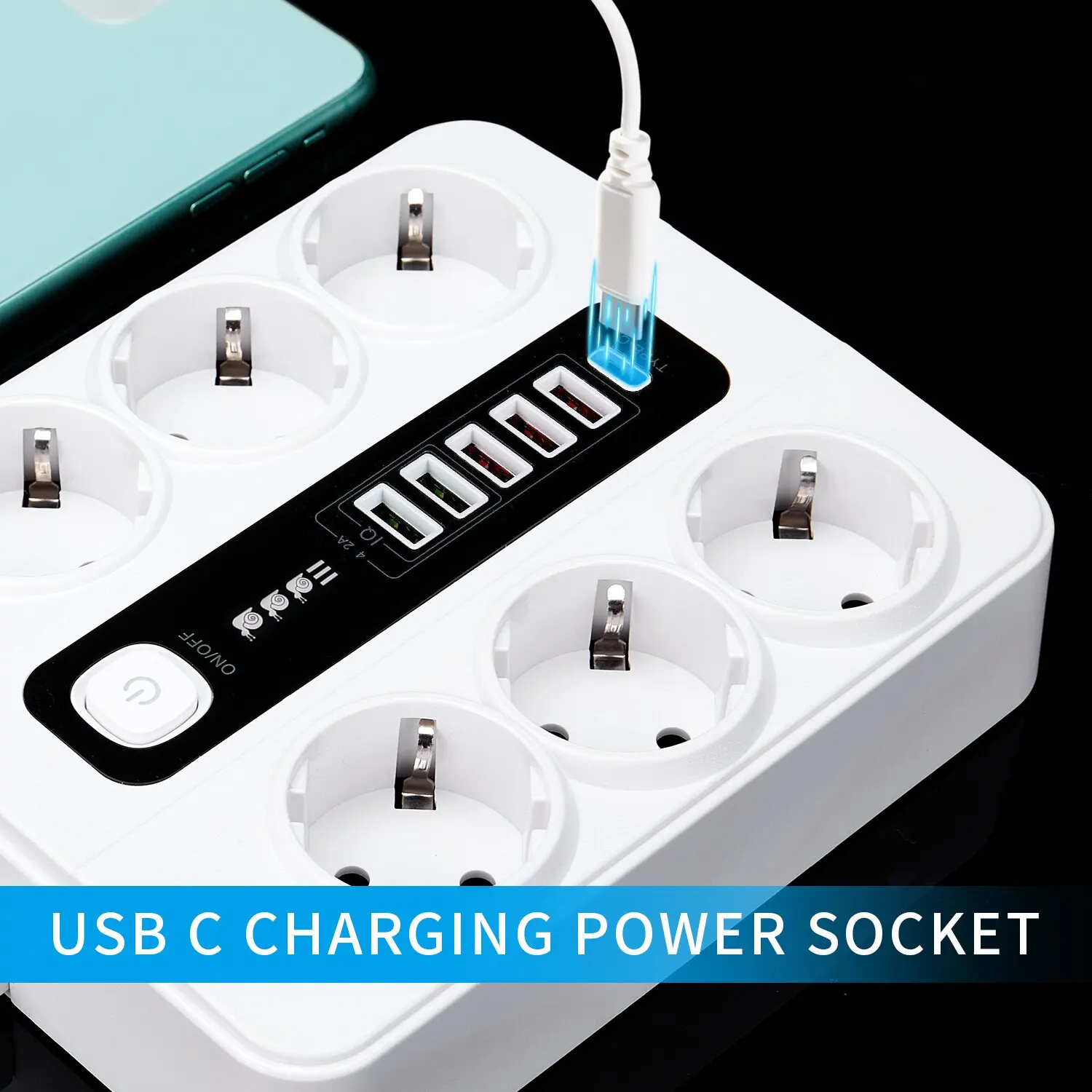 Extension Socket With Safety Switch Power Strip For Office Home EU Plug 3000W 2M Cable Overload Protection USB Type C Ports view 5