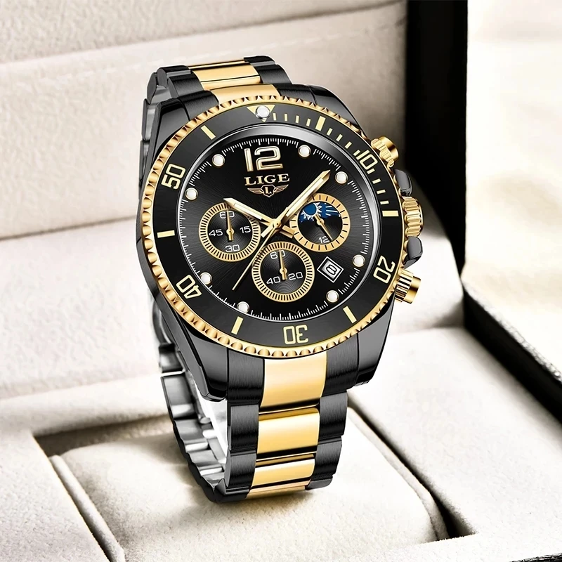 LIGE Top Brand Luxury Man Watch Business Stainless Steel Quartz Wristwatches Luminous Waterproof Watches Men Clock Gift+Box