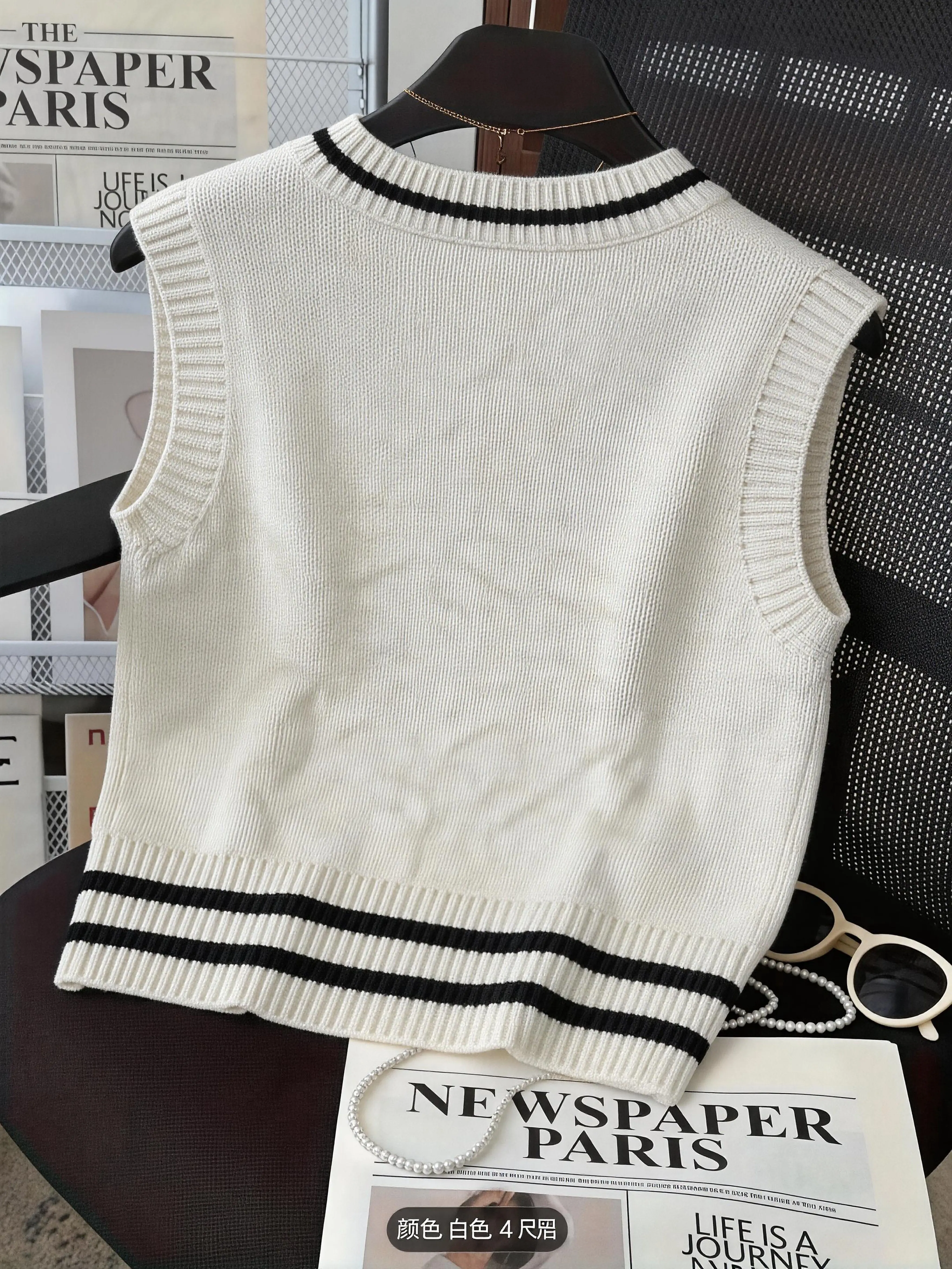 Plus Size Knitted Vest Women V Neck Striped Trim Cable Knit Sleeveless Sweater Preppy Style Loose Fit view 2