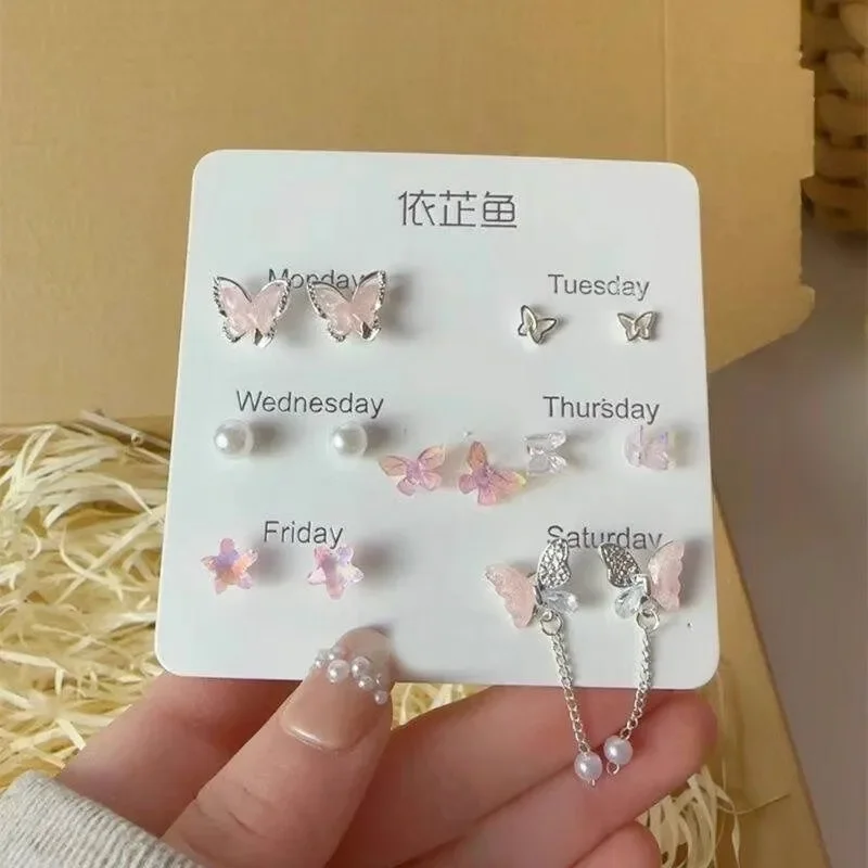 Colorful Flower Butterfly Earrings Seven-piece Set For Women Fashion Personalized Daily Accessory Party Jewelry Birthday Gifts
