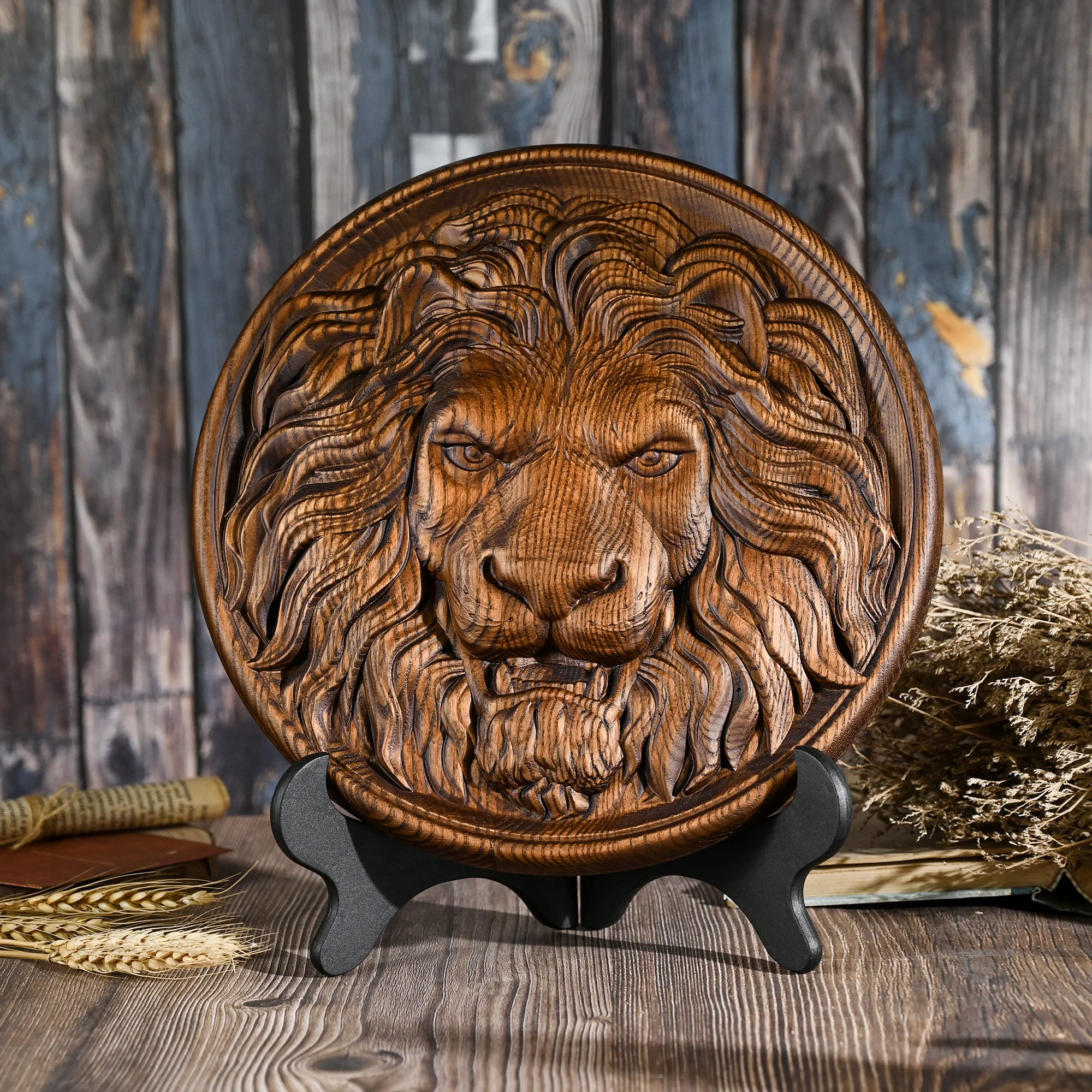 

Lion Head Wood Carving Crafts, Wall Hanging Plaque, Retro Style, Animal Carving, Home Decor