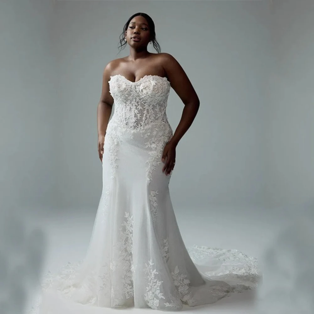 

Customized Elegant White Tulle Wedding Dress Sweetheart Trailing Sexy High-quality Mermaid for Floor-length Dress with Appliques