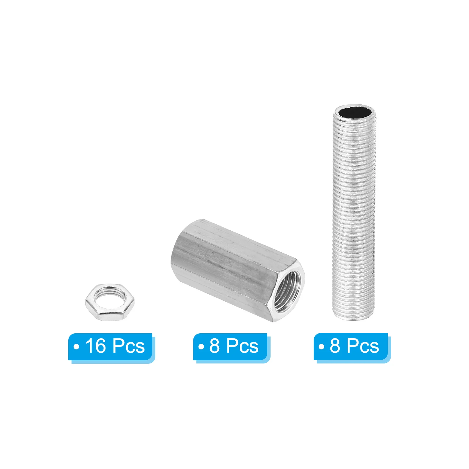 32/40Pcs M10 Fine Thread Lamp Pipe Repair Parts Kits M10x15-30 Metal Hexagon Closed Coupling Nut with Threaded Pipe and Hex Nut
