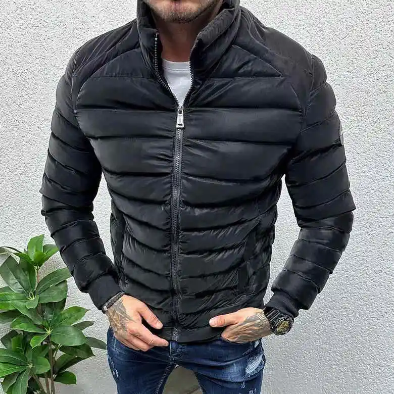 Thick Warm Cotton Padded Men's Jacket Bread Coat Polyester Fiber Waist-Cinching Zipper Closure Punk Style Long Length