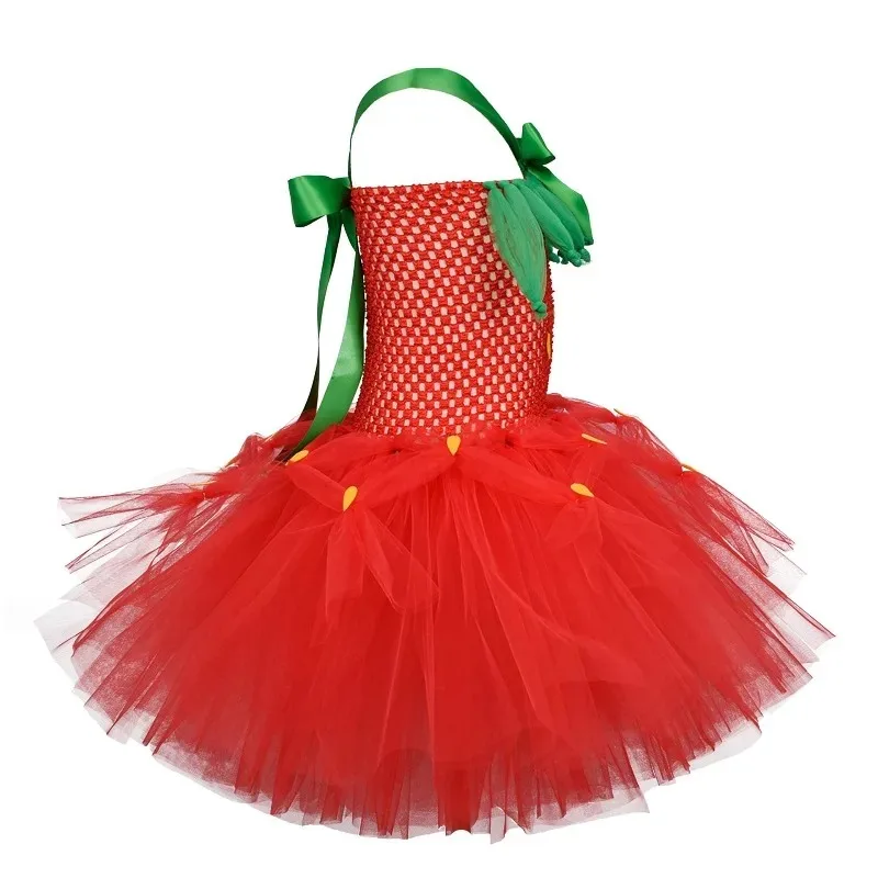Cute Strawberry Print Multi-layer Fluffy Tulle Tutu Dress for Girls, Soft & Breathable Princess Dress, Kids Outfit for Parties
