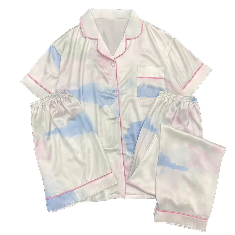 Women\'s 3 Piece Pajamas Set Print Pijama Faux Silk Satin Pyjama Female Sleepwear Short Sleeve Lapel Shirt Pants Shorts Homewear