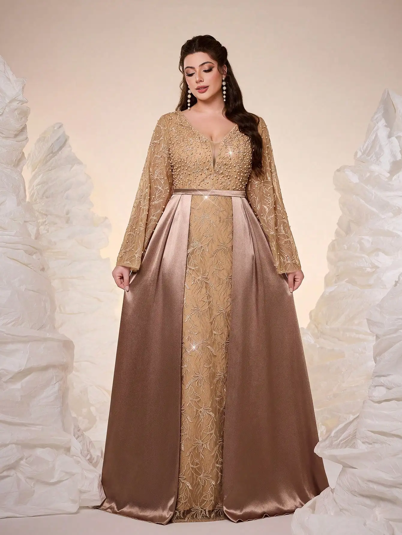 Anpoket, cuello en V, elegante, vestido de gala de talla grande, cinturón, encaje en contraste, manga con volantes, gasa, para cena, fiesta, vestido de invitada de boda, E