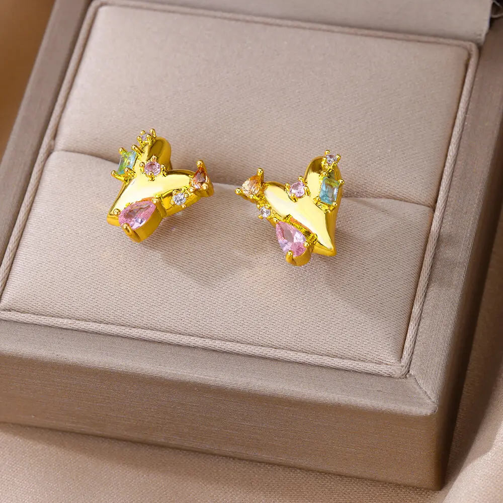 Luxury Heart Stud Earrings for Women Gold Color Piercing Stainless Steel Earrings 2024 Trend New in Couple Aesthetic Jewelry BFF