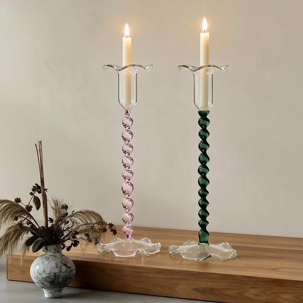 European Style Flower Bud High Footed Candle Holder, Retro Color Spiral Candle Holder, Wedding Home Creative Desktop Decoration