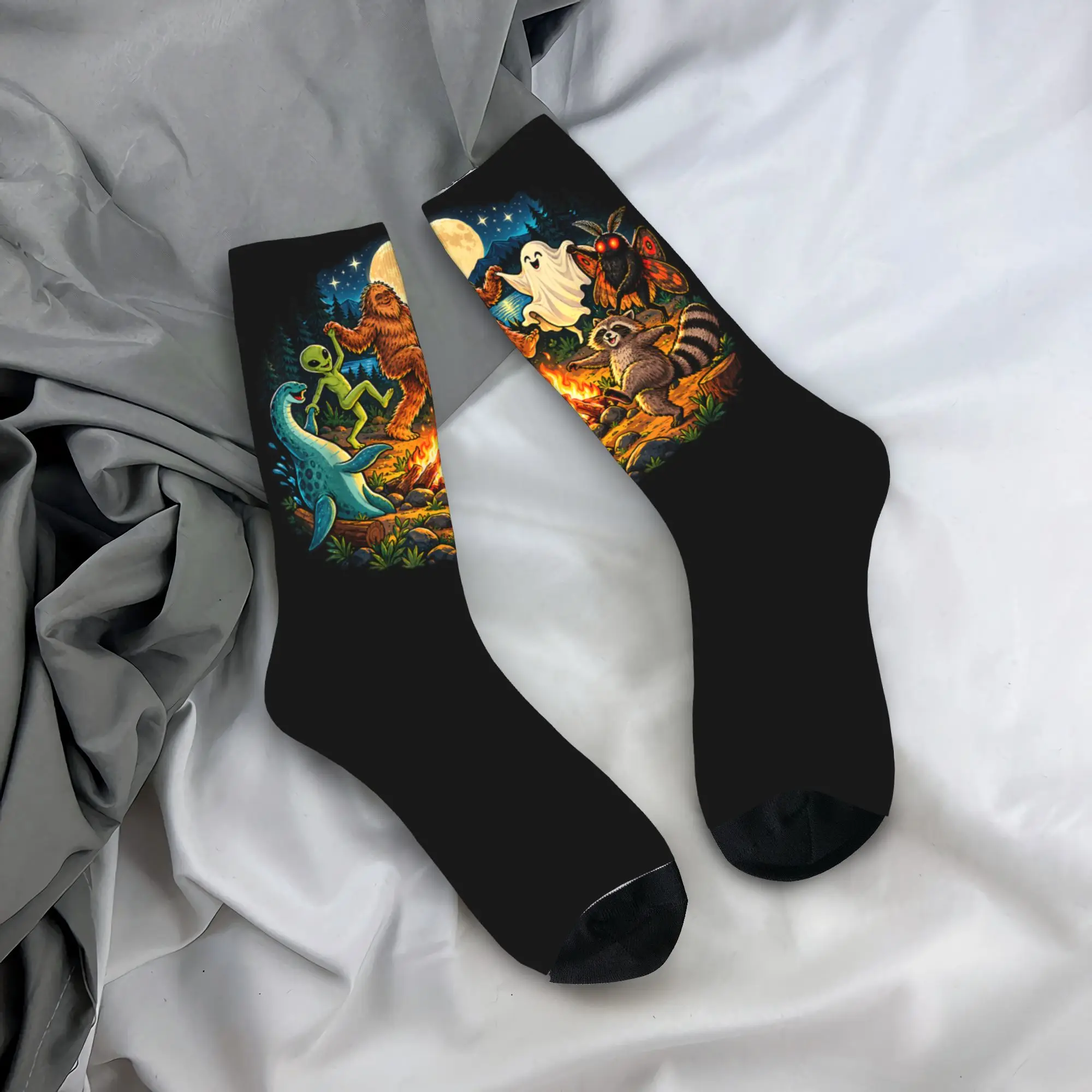 Happy Funny Male Men Socks Casual Bigfoot Alien Mothman Loch Ness Dancing Cryptids Sock Polyester  Graphic Women's Stockings
