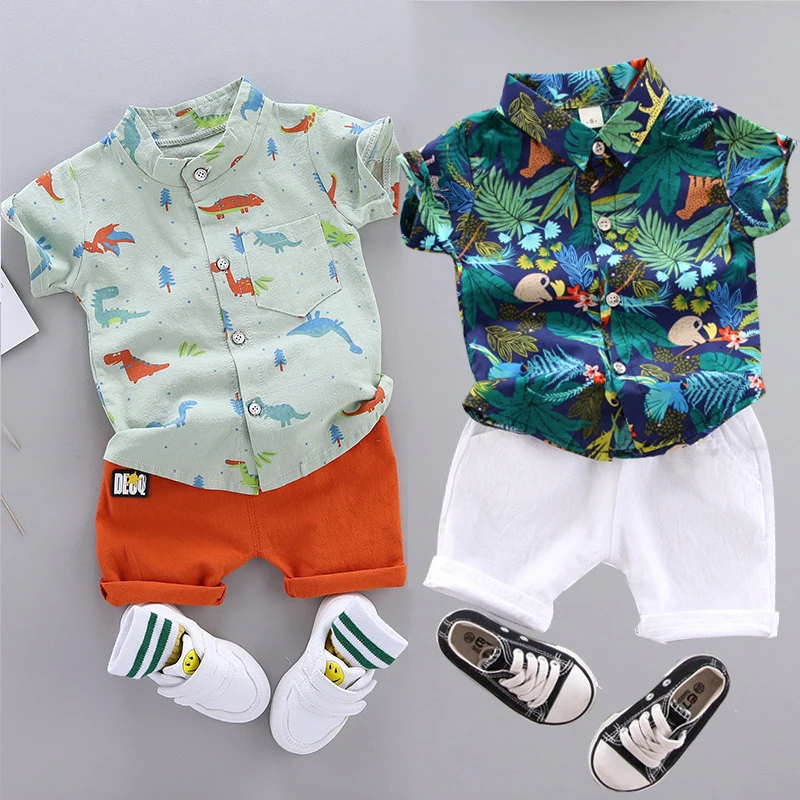 Summer children's clothing baby Lapel over printed shirt short sleeve set 2023 new boys' casual Top Shorts casual two-piece set