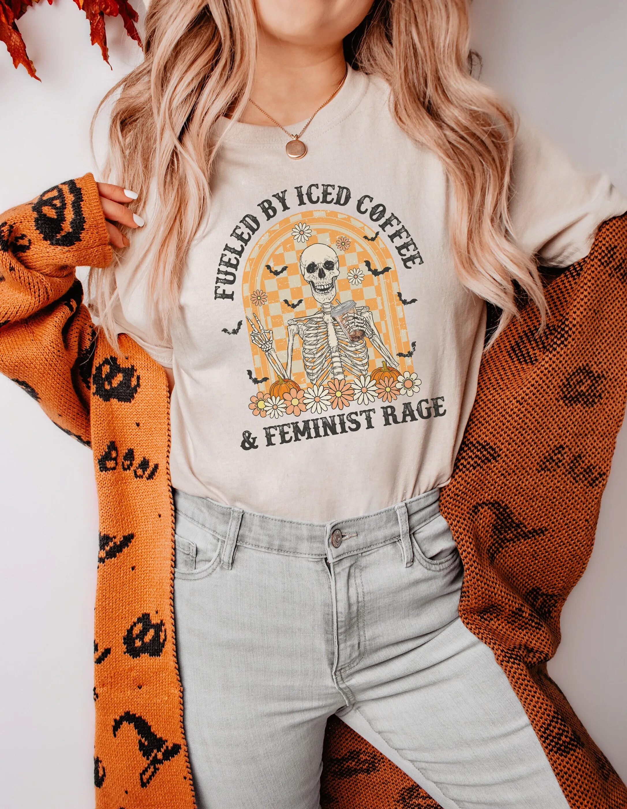 Fueled By Iced Coffee And Feminist Rage Halloween T Shirt Retro Skeleton Costume Fall Clothes Women Spooky Babe